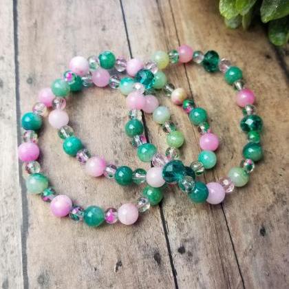 Pink And Green Agate Bracelet Trio, Pink And Green..