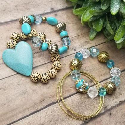 Eight Piece Bracelet Set - Turquoise/gold Tone