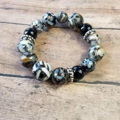 Chunky Mother Of Pearl Bracelet, Black And Grey..