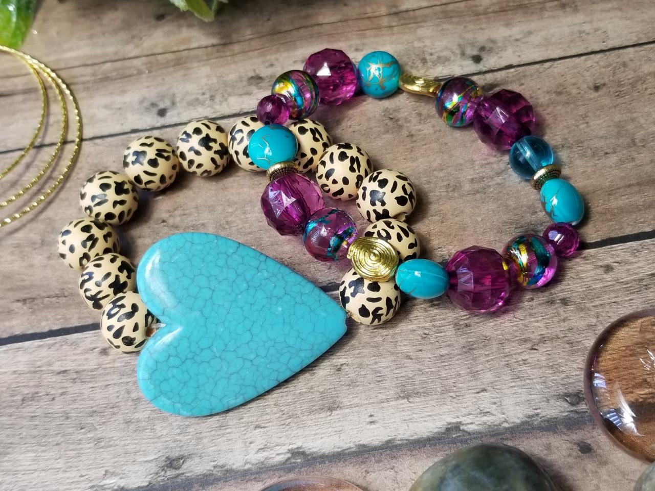 Turquoise Sweetheart With Purple, Heart Bracelet, Animal Print Bracelet, Turquoise Bracelet, Leopard Bracelet, Purple Bracelet, Cheetah
