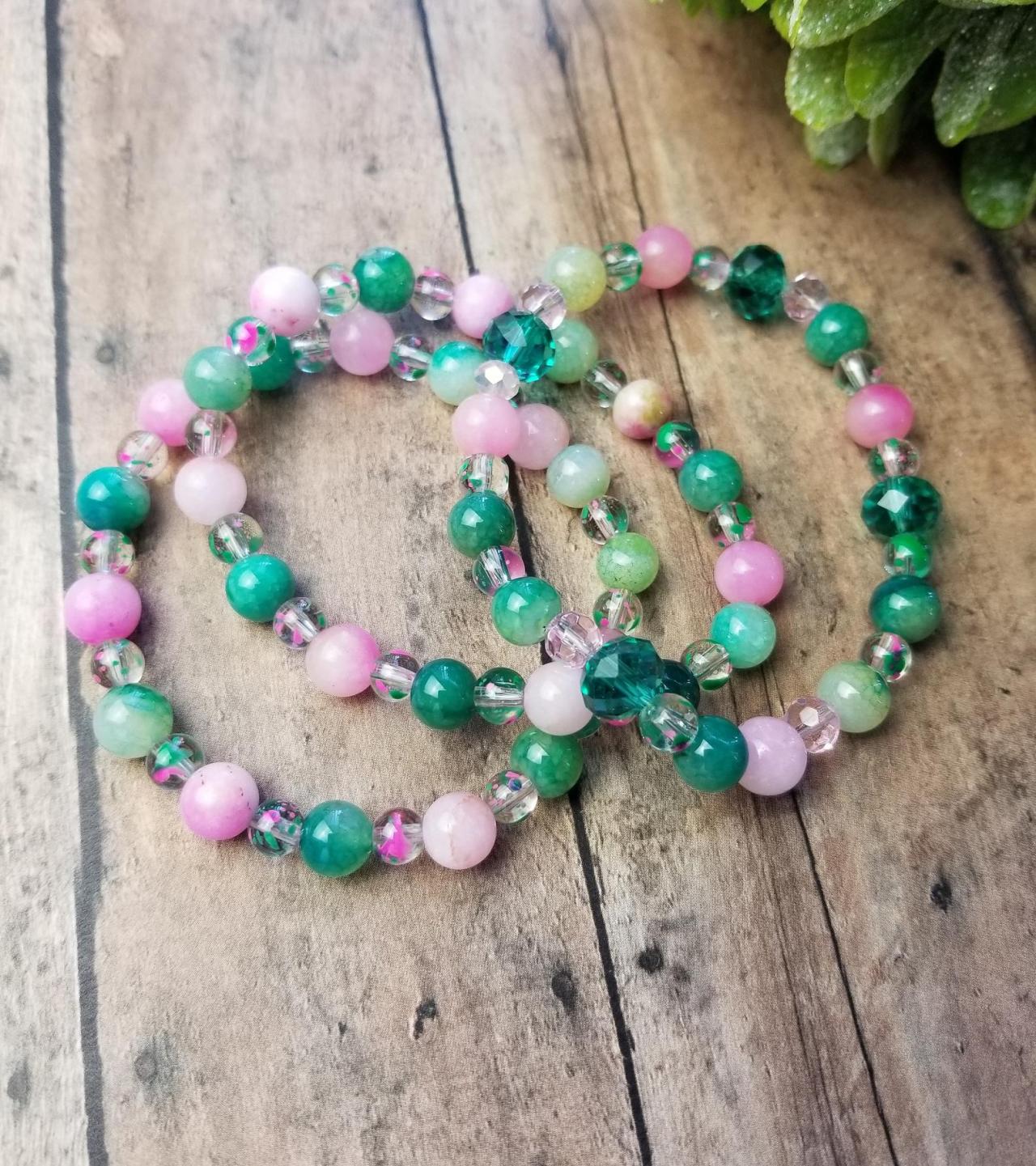 Pink And Green Agate Bracelet Trio, Pink And Green Bracelet Set, Aka