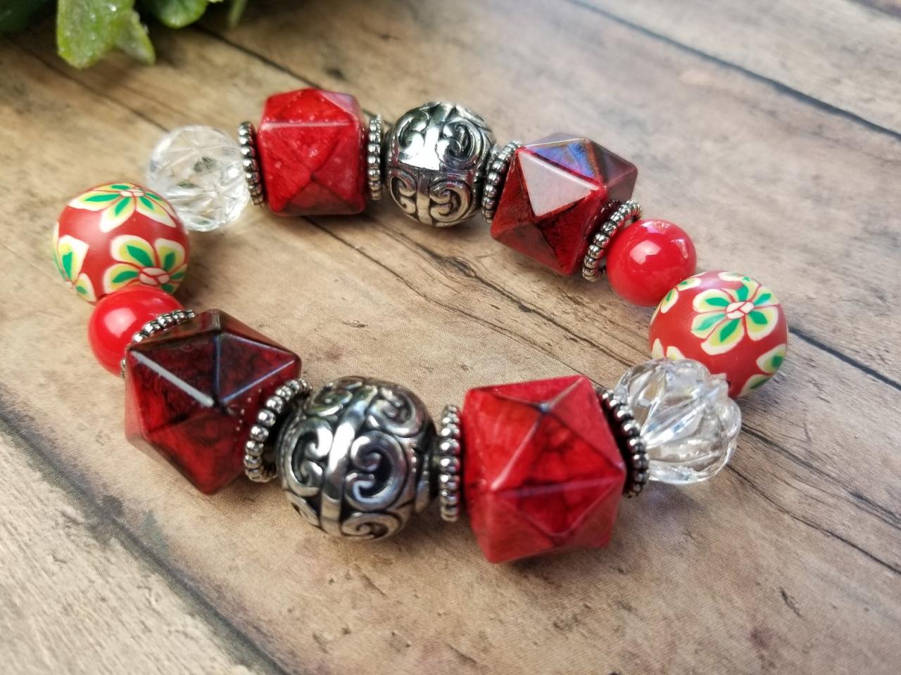 Chunky Red Flower Bracelet, Chunky Red Bracelet, Brick Red Bracelet, Maroon Bracelet, Red Flower Bracelet, Red Bracelet, Flower Bracelet