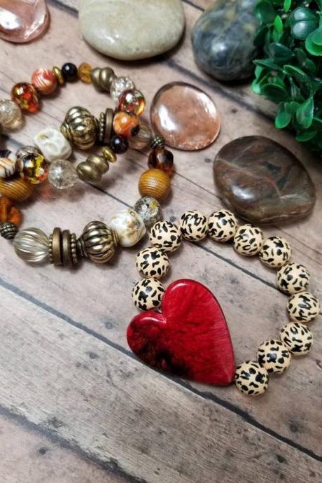Animal Print Red Heart Bracelet Trio, Heart Bracelet, Chunky Cheetah Bracelet Trio, Red Bracelet, Golden Bracelets, Leopard Heart Bracelet