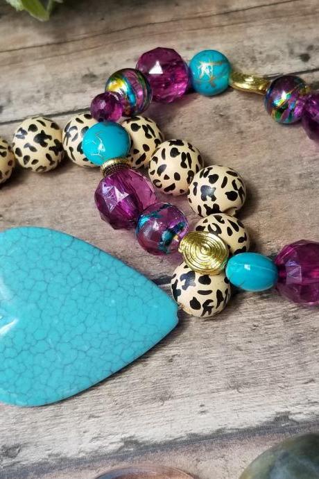 Turquoise Sweetheart With Purple, Heart Bracelet, Animal Print Bracelet, Turquoise Bracelet, Leopard Bracelet, Purple Bracelet, Cheetah