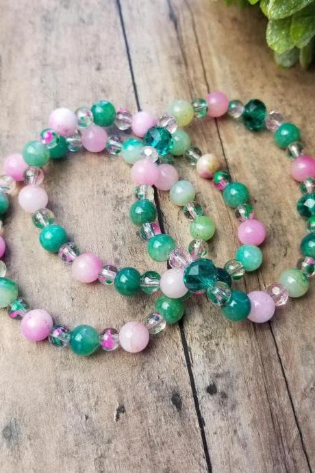 Pink And Green Agate Bracelet Trio, Pink And Green Bracelet Set, Aka Bracelets, Mauve Lime Green Bracelets, Dusty Rose Bracelets,