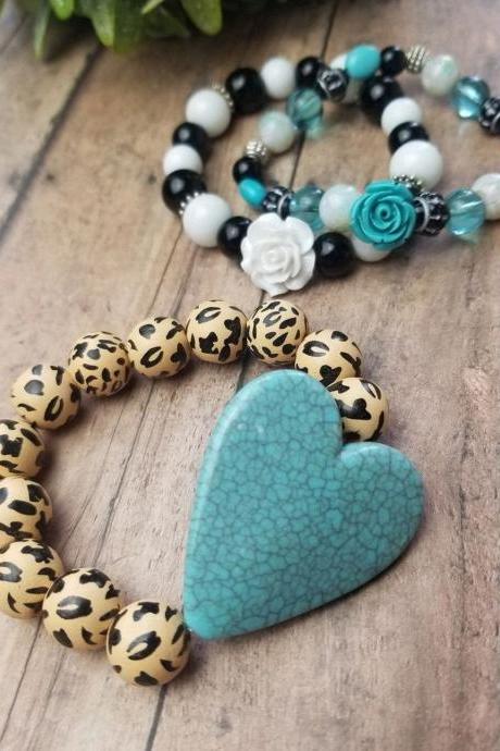 Sweetheart And Flower Bracelet Trio, Cheetah Bracelet, Heart Bracelet Trio, Turquoise Bracelets Trio, Chunky Wood Bracelets, Aqua Braclets