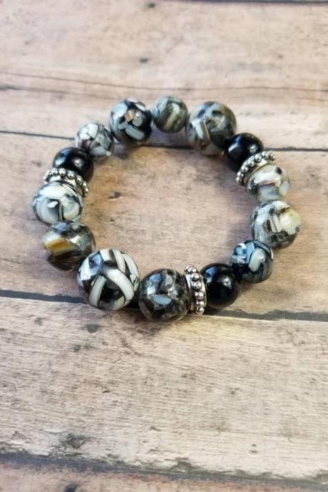 Chunky Mother of Pearl Bracelet, Black and Grey Bracelets, Smokey Gray Bracelets, Chunky Black Bracelets, Black Bracelets, Multi Bracelets