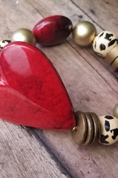 Sweetheart Bracelet, Red Gold Heart Bracelet, Chunky Heart Bracelet, Red Heart, Gold Heart Bracelet, Red Heart Bracelet, Big Heart, Cheetah
