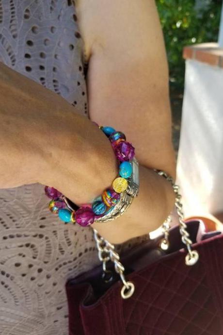 Plum Bracelets, Colorful Bracelet, Chunky Bracelets, Turquoise Bracelet, Purple Bracelets, Burgundy Bracelet, African Bracelet,