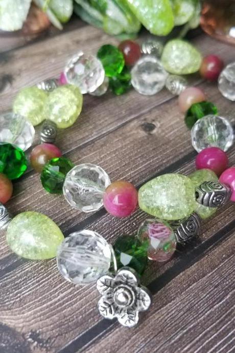 LIME GREEN & PINK DEMI BEADED BRACELET
